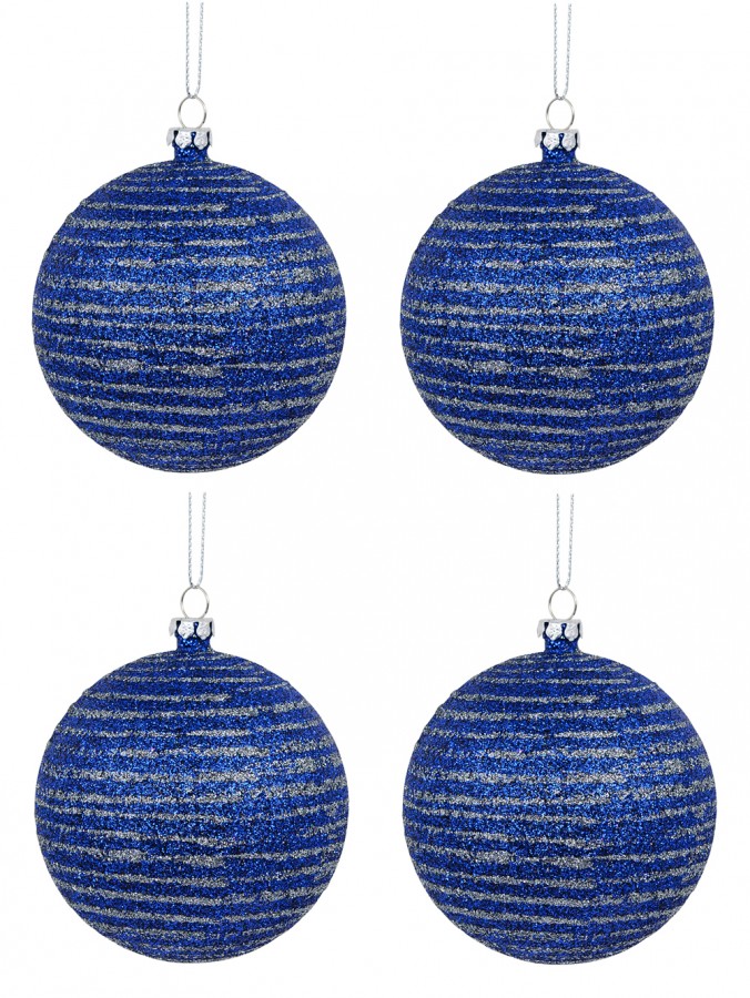 Blue Glittered Christmas Baubles With Silver Glittered Stripes - 4 x 80mm