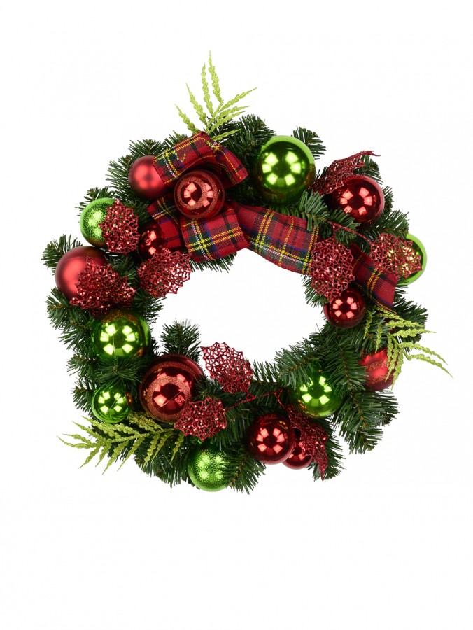 Red & Green Bauble Pre-Decorated Wreath With Tartan Ribbon - 48cm