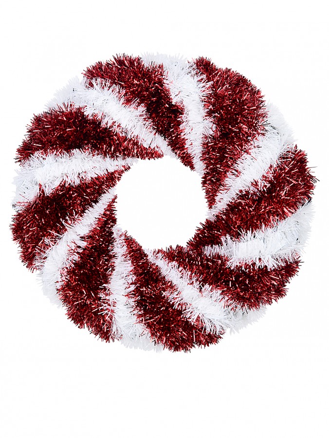 48cm Metallic Red & White Candy Swirl Christmas Wreath Tinsel Plaque