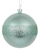 Mint Pearl Green Christmas Baubles With Laser Glitter Band - 4 x 80mm