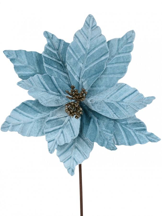 Pale Blue Velvet Poinsettia With Champagne Christmas Flower Stem - 55cm