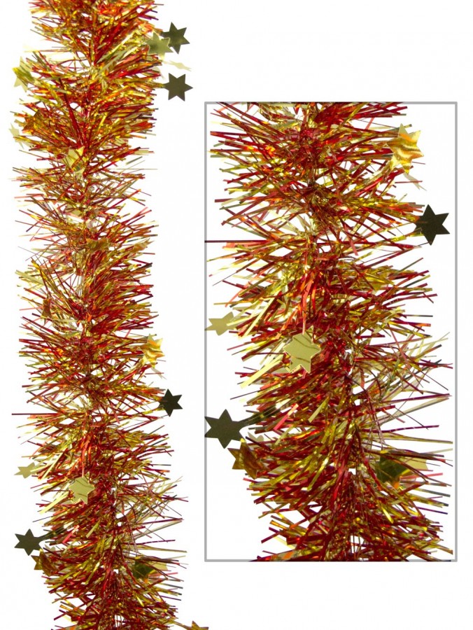 Gold & Red Fine Needle Tinsel With Stars - 2m
