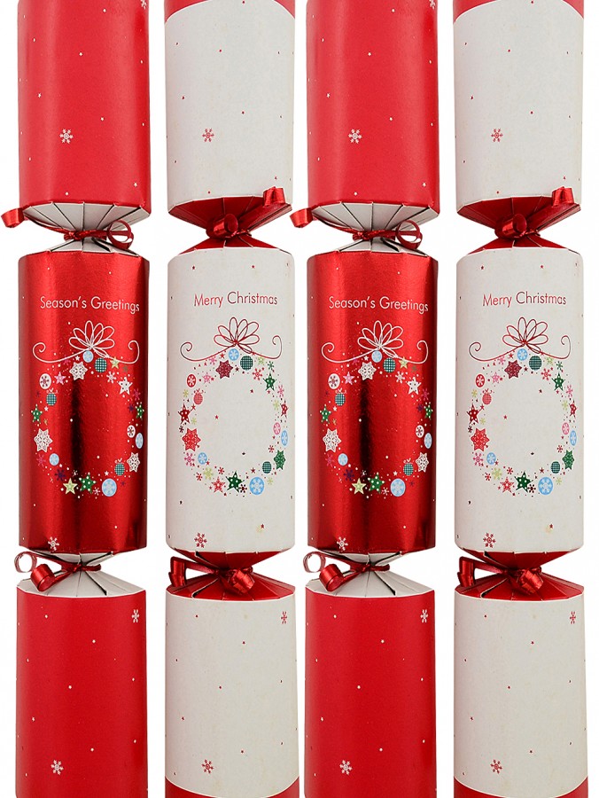 6x 29cm Shiny Red & White With Text & Wreath Christmas Cracker Bon Bons