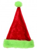 Plush Red Grinch Santa Hat With Green Faux Fur Trim | One Size Fits Most