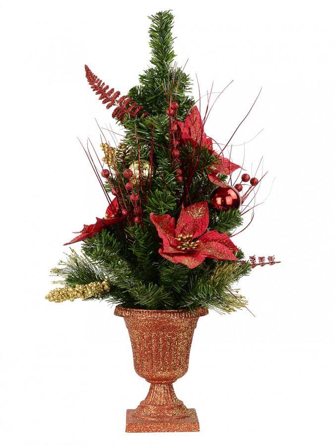 Pre-Decorated Traditional Red & Gold Poinsettia & Pine Table Top Tree - 75cm