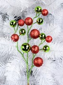 Shiny Lime & Red Glitter Bauble Cluster Christmas Spray Long Stem - 19cm Wide