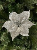 26cm Silver Poinsettia Flower Christmas Tree Clip Pick With Sequins & Glitter