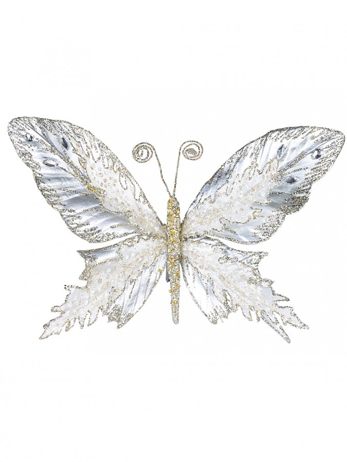 Large Platinum Butterfly With Sheer Wings Christmas Clip Pick - 32cm Wide