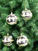 4x 80mm Shiny Champagne Baubles With Glitter Bands & White Stars