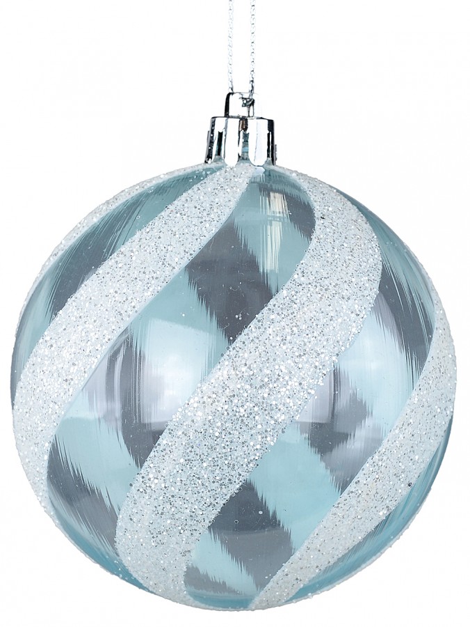 80mm White With Glitter & Clear Light Blue Candy Swirl Christmas Ball Bauble