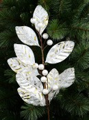78cm White With Gold Magnolia Leaf & Berry Spray Long Christmas Stem