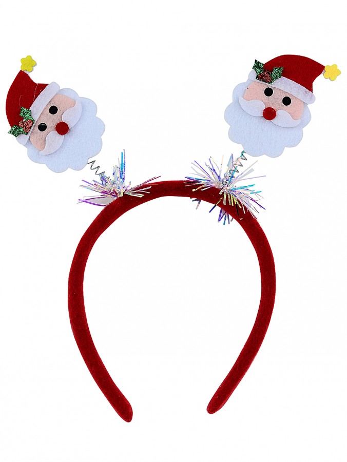 Santa & Santa On Springs Headband With Iridescent Tinsel - One Size Fits Most