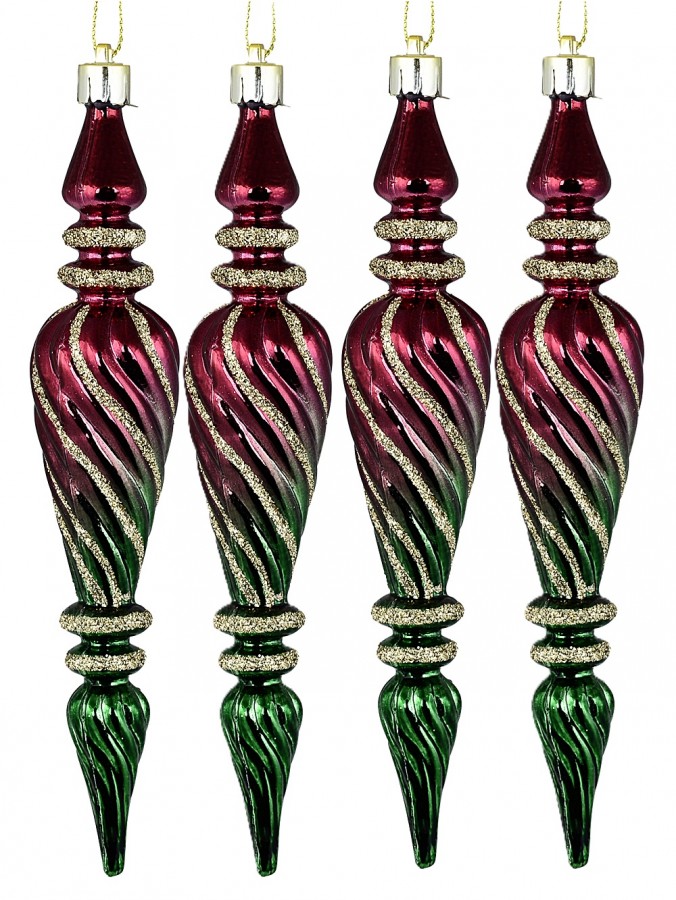 6x 18cm Shiny Red & Green Textured Icicle Finials With Gold Glitter Lines