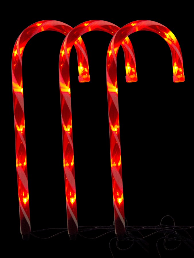 3 Red LED Candy Cane Solar Stake Lights - 50cm