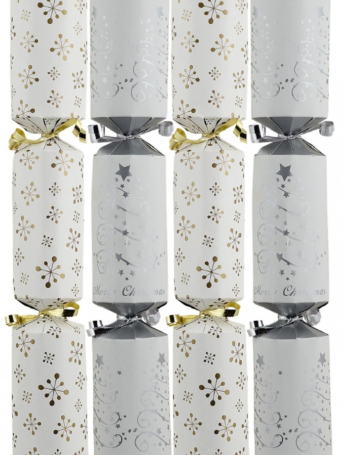 50x Matte Gold Stars & Silver Trees White Christmas Bon Bons (Crackers) | 31cm
