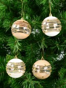 Taupe, White & Clear Baubles With Gold Stars & Glitter Lines - 4 x 80mm