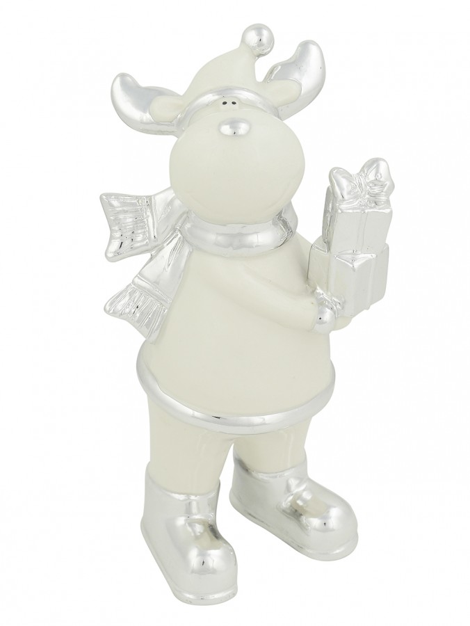 White Ceramic Standing Reindeer With Present Ornament - 21cm
