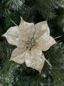 17cm Champagne Gold Glitter Poinsettia Flower Christmas Tree Stem Pick