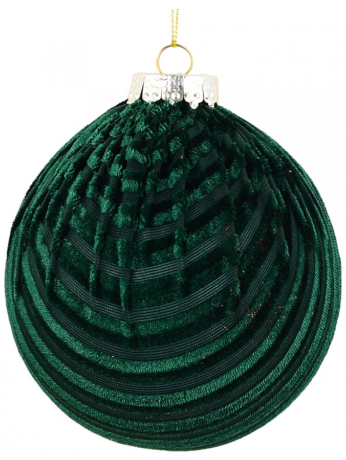 Deep Emerald Green Ribbed Velvet Fabric Ball Bauble | 10cm