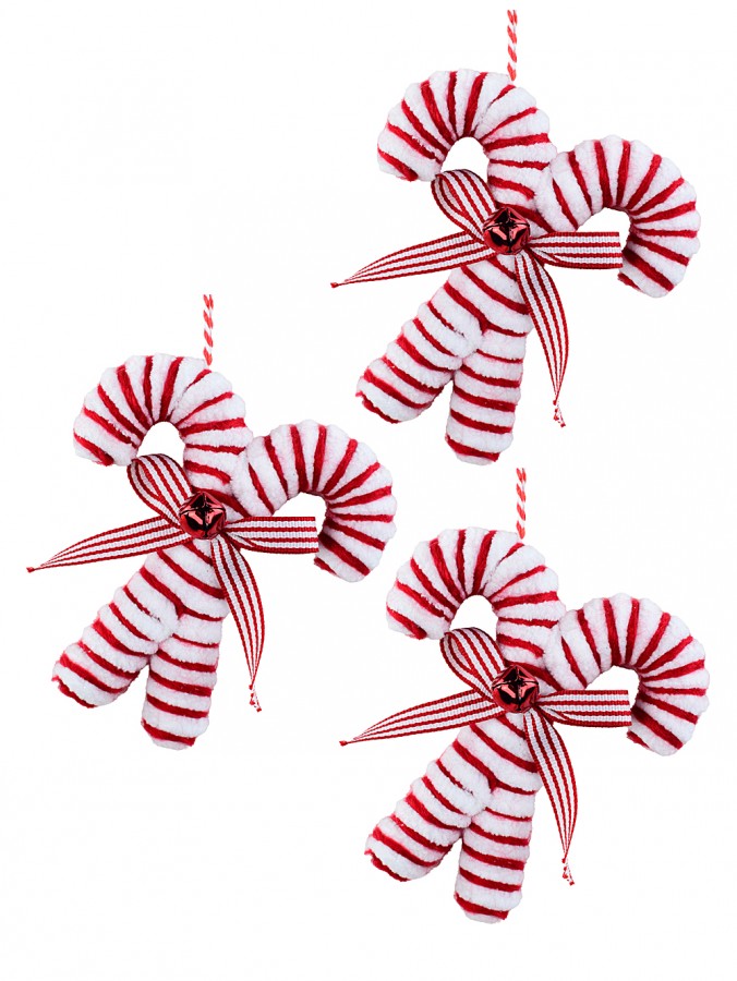 3x Classic Red & White Signature Plush Chenille Candy Cane Ornaments | 12cm