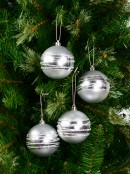 Silver Matte Baubles With Thick Shiny & Thin Glittered Stripes - 4 x 80mm