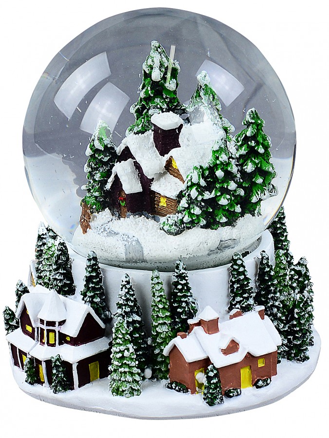 Winter Town Scene With Music & Lights Waterball Snow Globe Ornament - 14cm