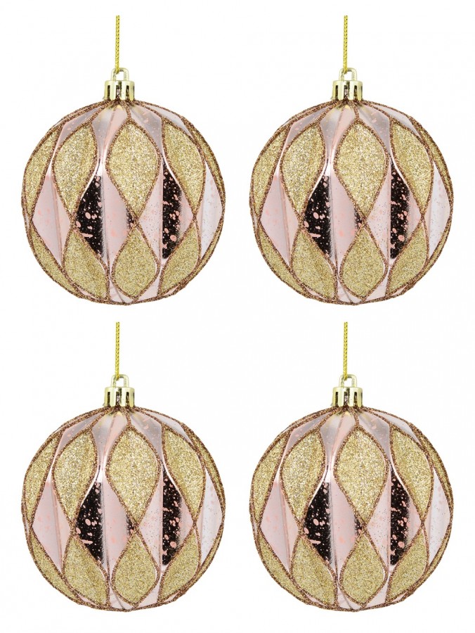 Pink Geometric Textured Shiny & Glittered Baubles - 4 x 80mm