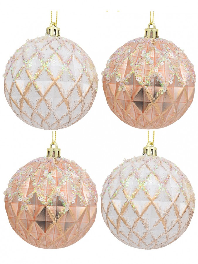 Pearlised Rose Gold & White Textured Baubles With Glitter & Sequins - 4 x 80mm