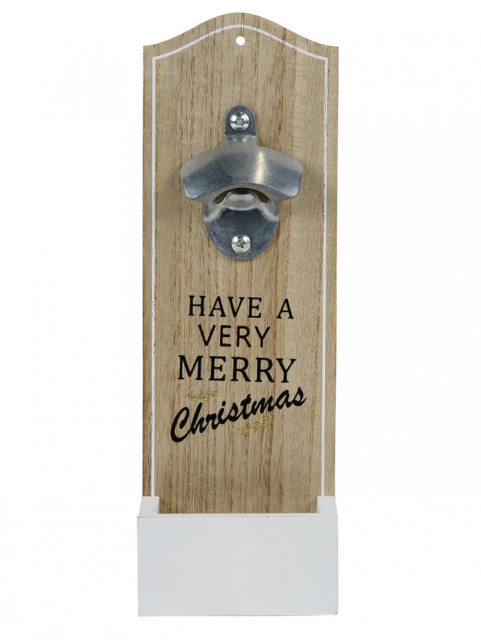 Natural Wood Have A Very Merry Christmas Bottle Opener & Cap Catcher - 30cm