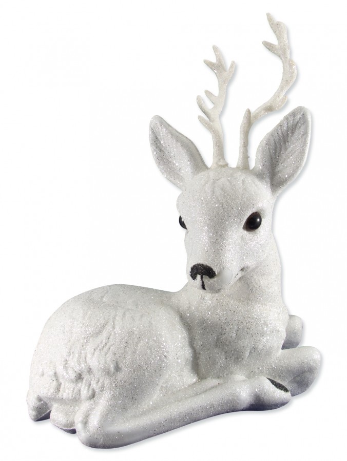 White Sitting Glittered Reindeer Ornament - 34cm