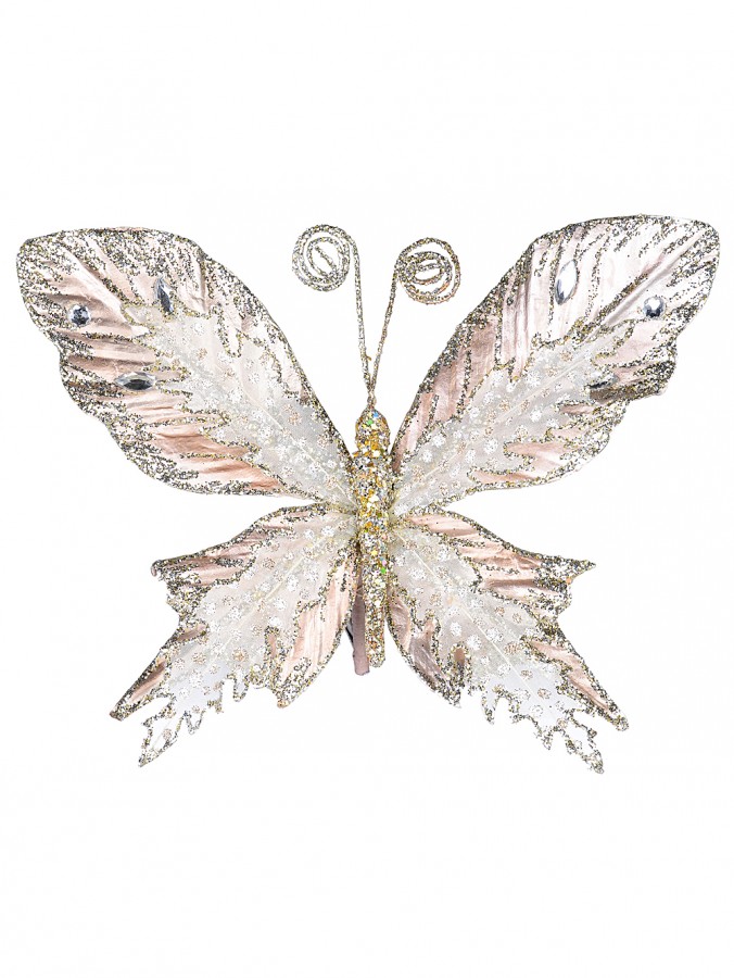 Rose Gold Butterfly With Sheer Wings Decorative Christmas Critter Pick - 24cm