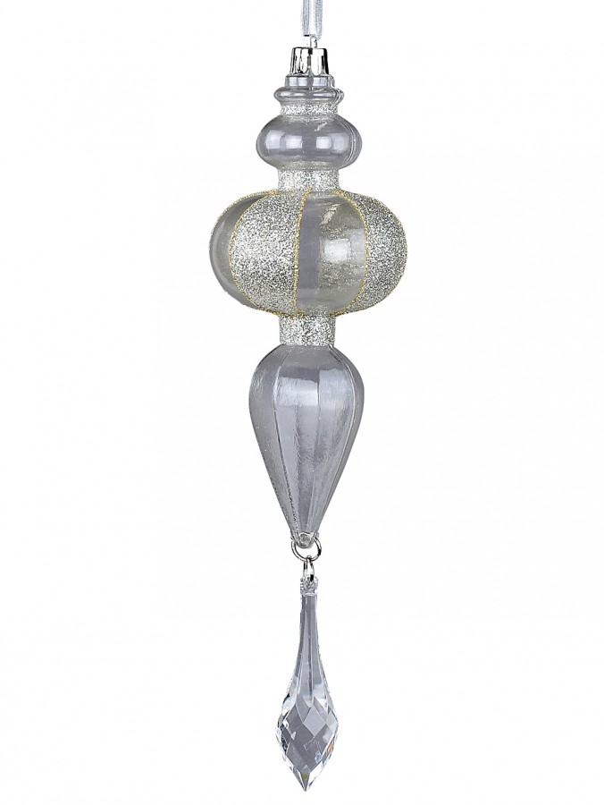 24cm Clear Ball Finial Hanging Ornament With Silver Glitter & Teardrop