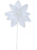 Winter White Velvet Poinsettia Long Stem With Silver Sequin Trim | 32cm
