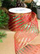 9m Gold & Green Glitter Tapered Lines & Dots On Red Sheer Wide Cut Ribbon