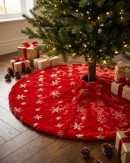 1m Red Plush Faux Fur & Gold Sequin Snowflake Christmas Tree Skirt