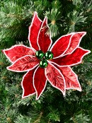 Red Poinsettia With White & Green Decorative Christmas Clip Pick - 30cm Wide