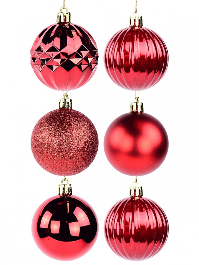 Red Assorted Shiny, Matte, Glitter & Pearl Christmas Baubles - 35 x 60mm