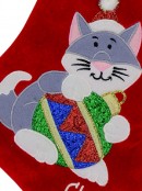Red Velvet Santa Claws Christmas Stocking With Cat Embroidery - 40cm