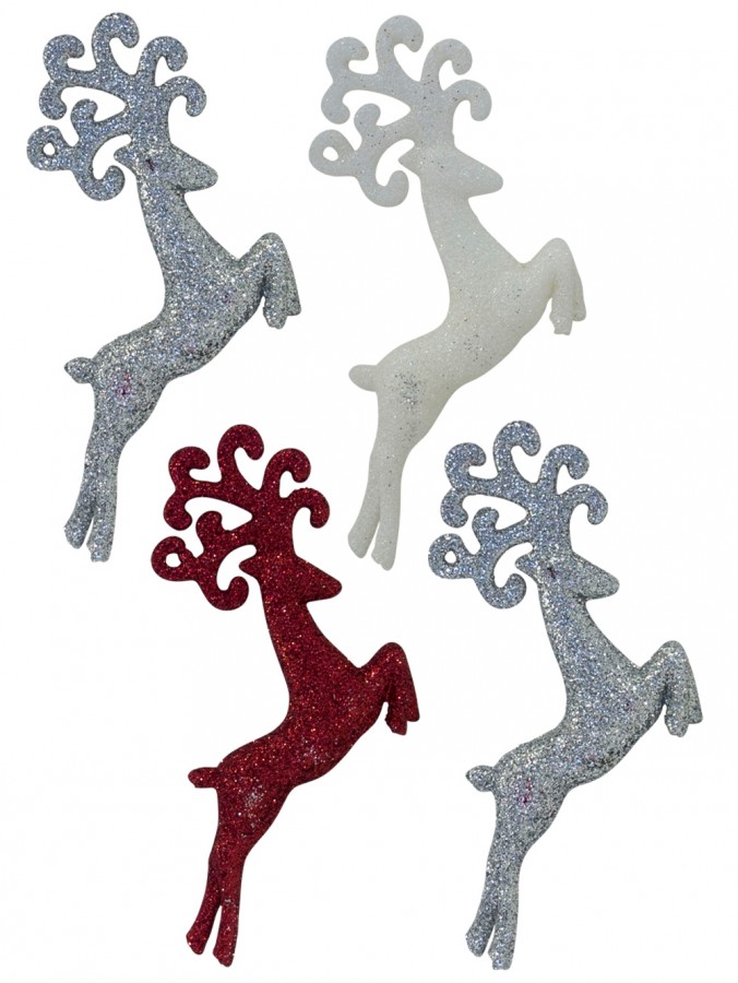 Red, White & Silver Glittered Deer Decorations - 4 x 10cm