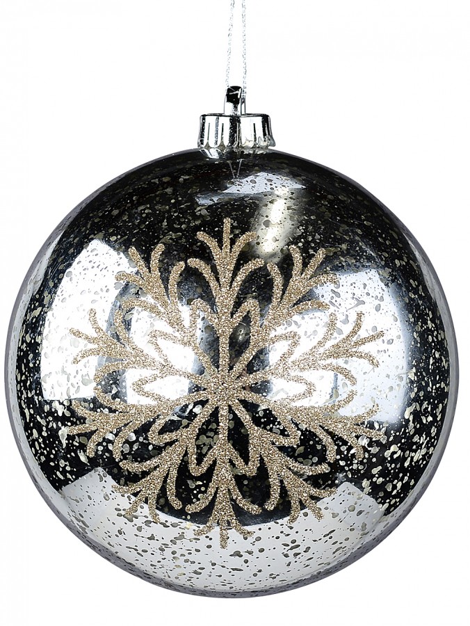 15cm Shiny Silver Mercury Finish Ball Bauble With Glitter Snowflakes