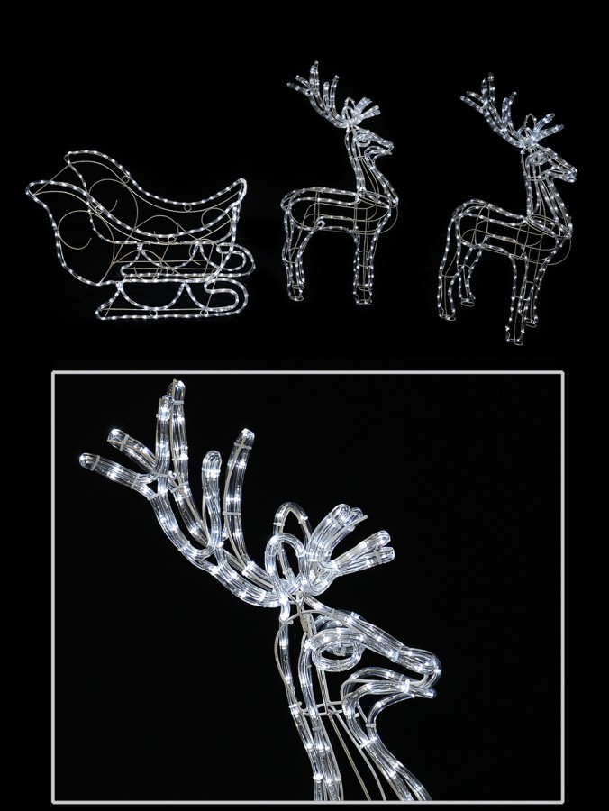 Cool White LED 3D Reindeer & Sliegh Rope Light Display - up to 1.8m
