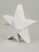 Standing Double Star In White With Silver Ceramic Christmas Ornament - 17cm