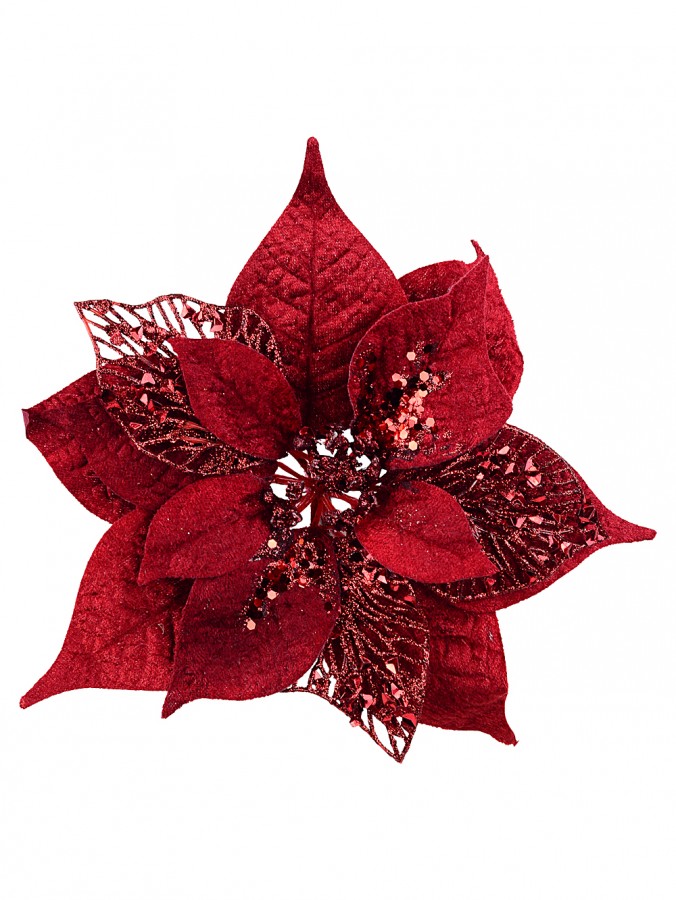 Deep Burgundy Crimson Velvet Poinsettia Christmas Clip Pick | 26cm