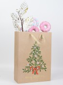Large Natural Kraft Look Gift Bag With Decorated Christmas Tree Print