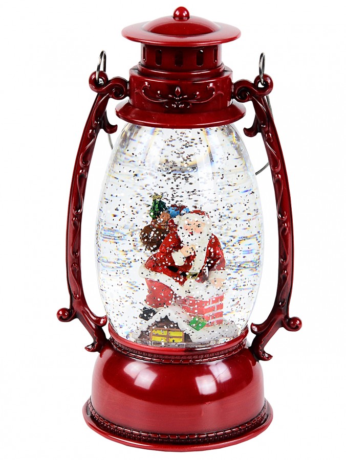 Santa In The Chimney Hurricane Lantern Christmas Snow Globe - 24cm