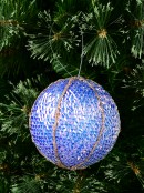 Blue Mesh Bauble Decorated With Iridescent Sequins & Gold Glitter Lines - 12cm