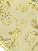 Champagne Satin Christmas Ribbon With Gold Floral Pattern & Edging - 3m