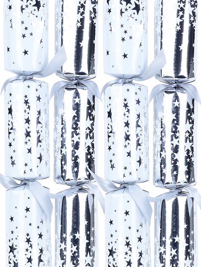 Shiny Silver & White With Stars Pattern Christmas Cracker Bon Bons - 8 x 30cm