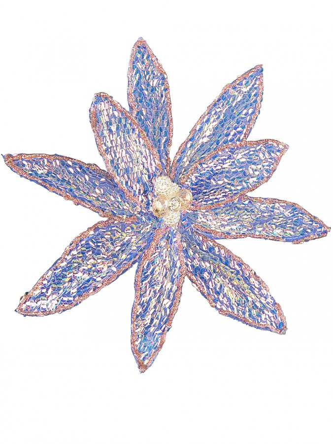 Blue Poinsettia With Iridescent Sequins Christmas Flower Clip Pick - 26cm Wide