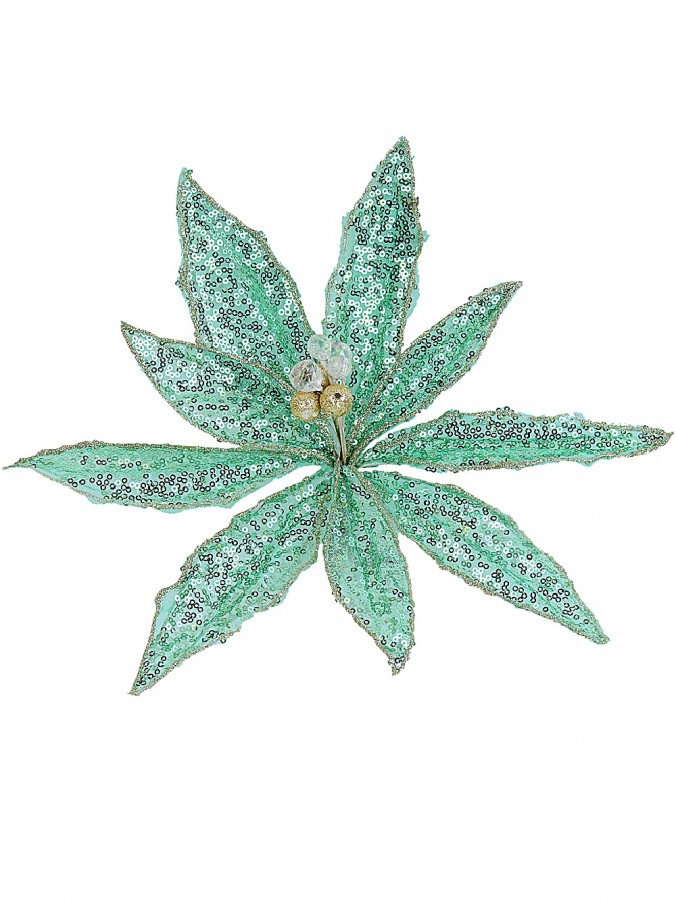 30cm Mint Green Sequins On Mesh Poinsettia Flower Christmas Tree Clip Pick